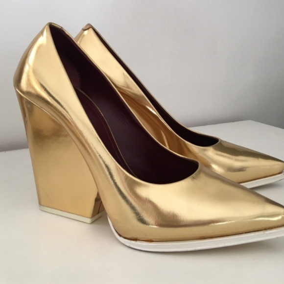 CELINE GOLD/WHITE POINTED TOE WEDGE HEELS ORIGINAL BOX - Picture 6 of 6